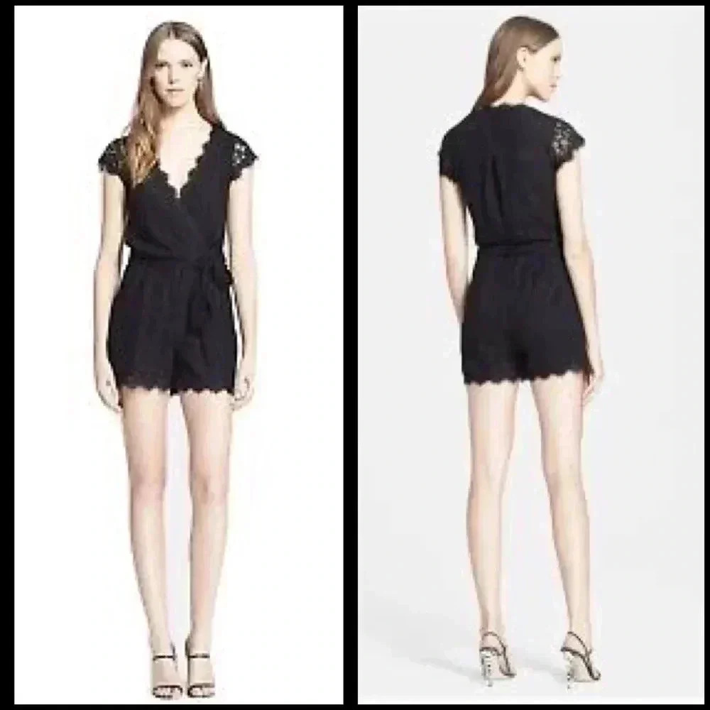 Diane Von Furstenberg Black Purdette Lace Tie Waist Romper Size 2